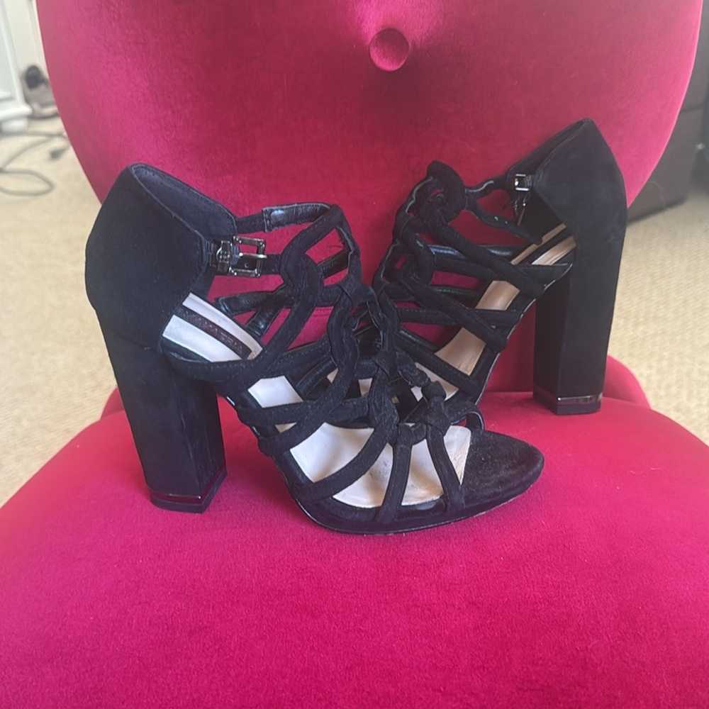 BCBGMaxAzria Black Suede Cage Strappy Heels Block Heel Sandals 7.5